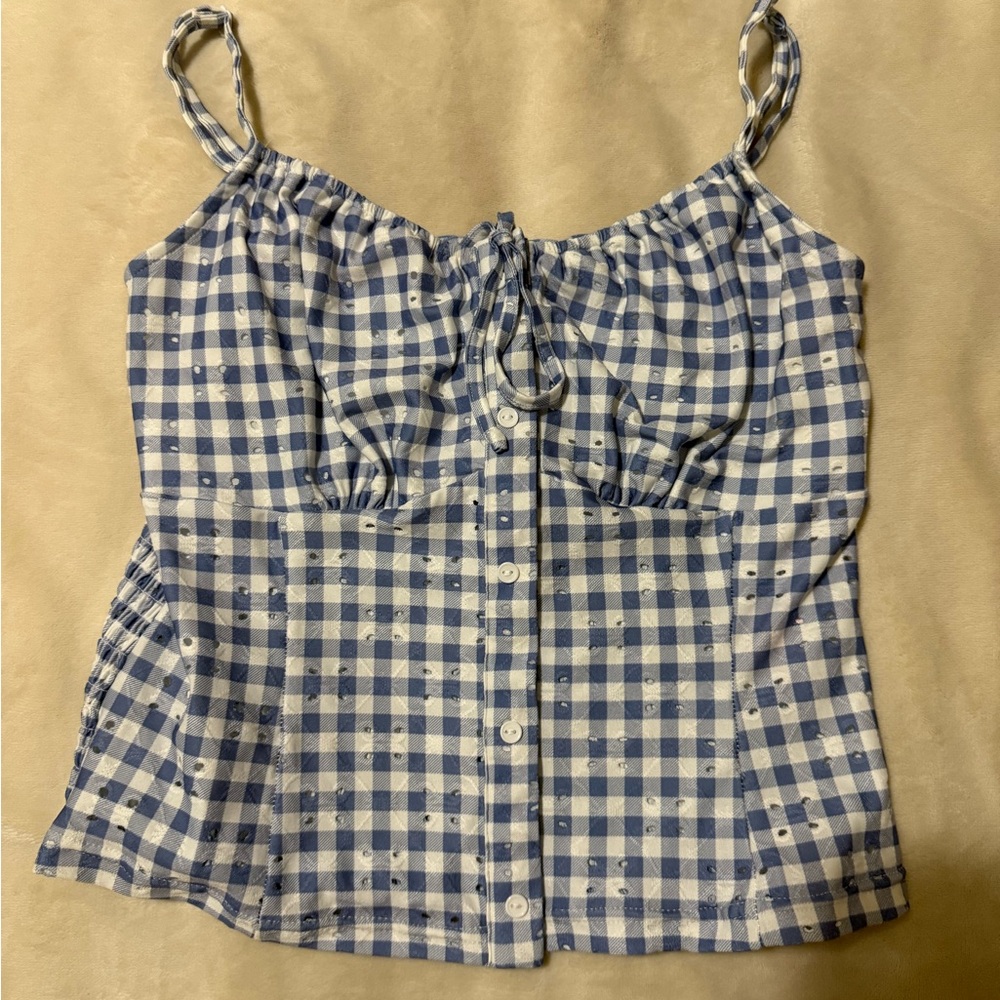 Blue Gingham Tie-Front Cami Top